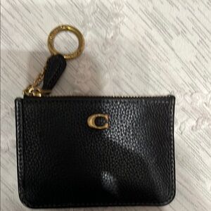 Coach Black Key & Card Holder with Textured Leather and Gold Hardware